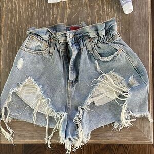 Signature8 Blue Jean Shorts with Distressed Paper-Bag Waist